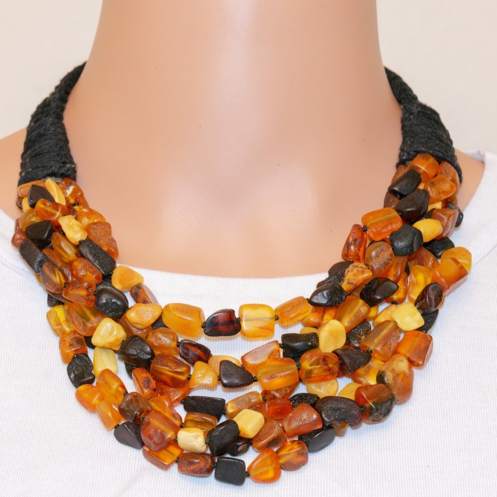 Raw Baltic Amber Seven Strings on Black Cotton Rope Handcrafted in Lithuania